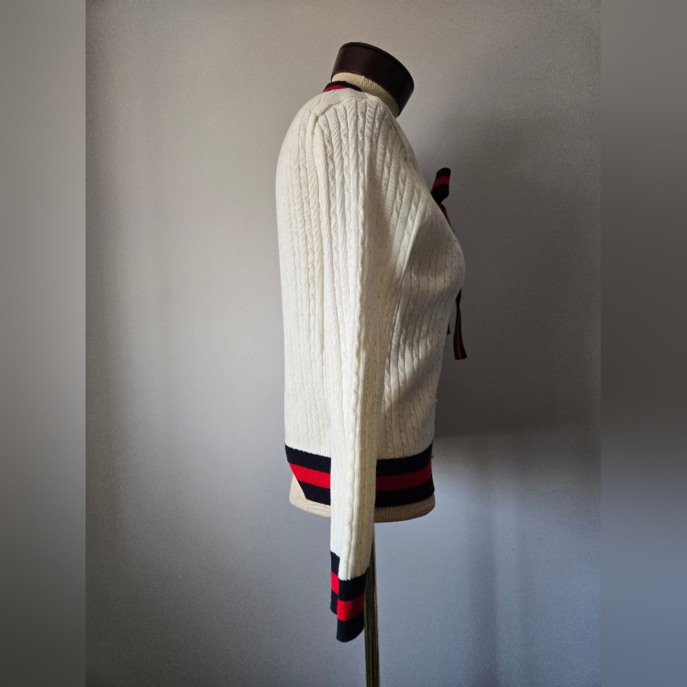 YANA Cream with Navy and Red Nautical Preppy Cardigan Sweater With Bow. Small - Picture 4 of 9